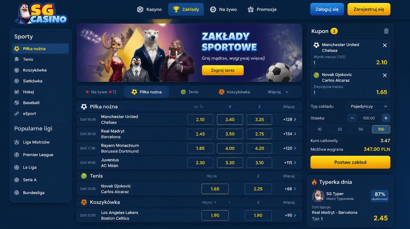 Interfejs z rynkami sportowymi: piłka nożna, tenis, koszykówka.