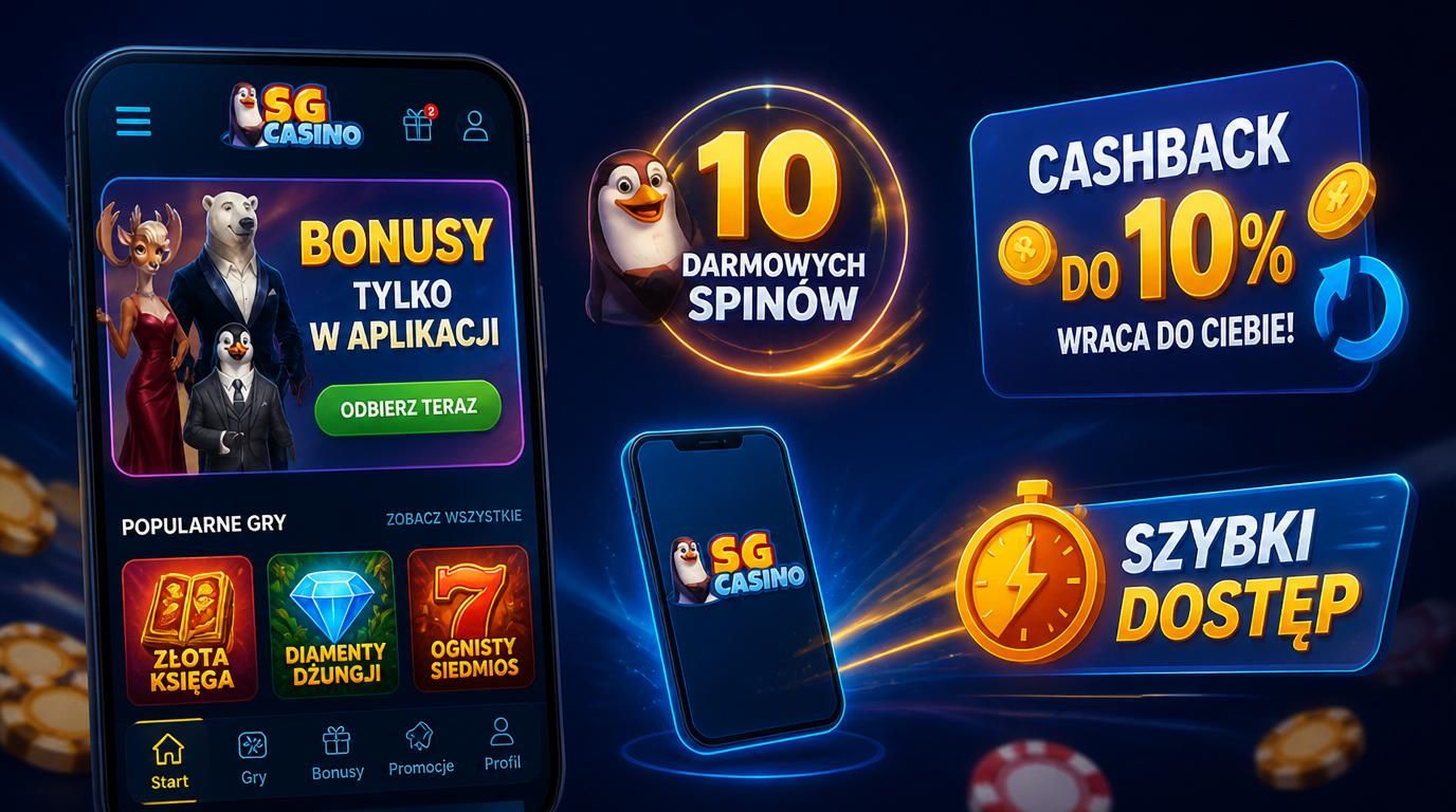 Ekran aplikacji SG Casino z promocją mobilną bonusów