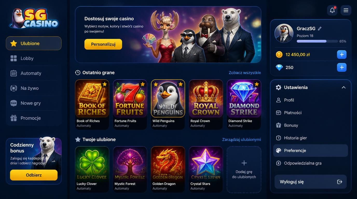 Interfejs SG Casino z zakładkami ulubionych i ostatnio granych