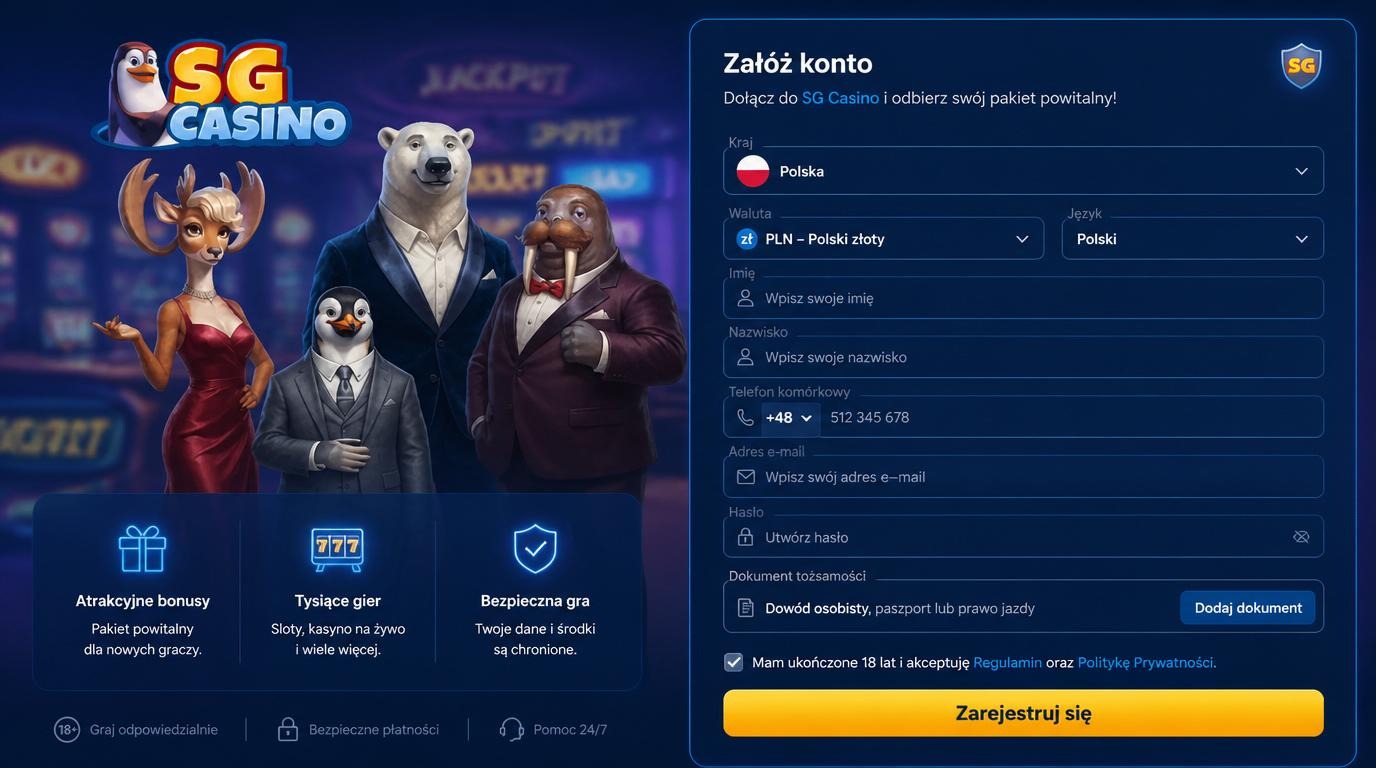 Formularz rejestracji SG Casino z Polski z opcją PLN i numerem telefonu