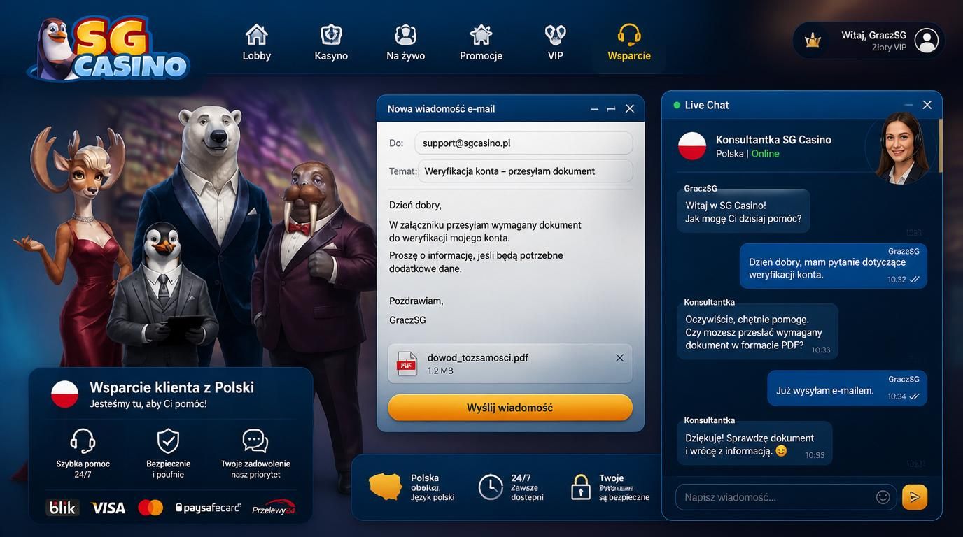 Kontakt z supportem przez czat na żywo i przez e-mail w SG Casino