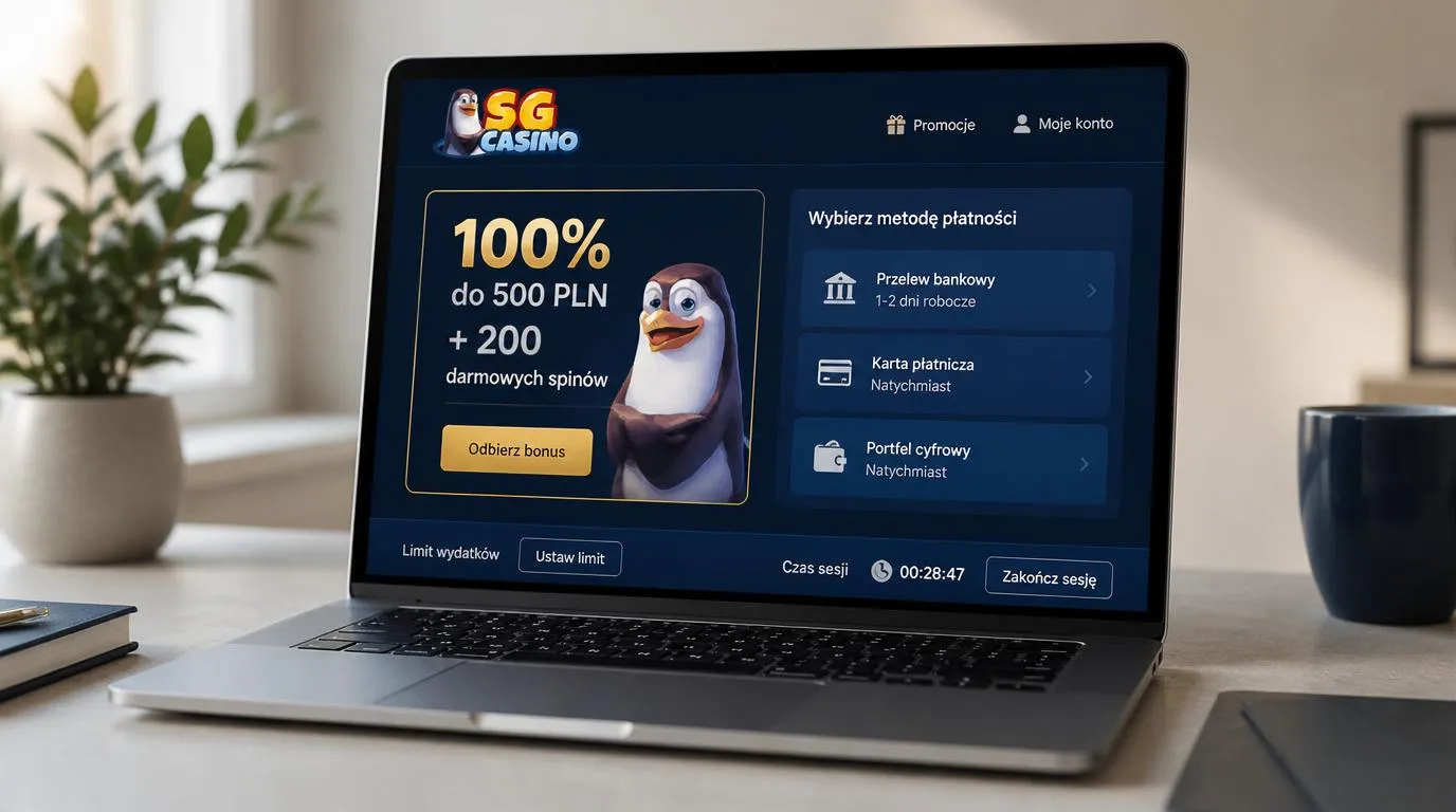 Laptop z ofertą 100% do 500 PLN i 200 darmowych spinów oraz panelem wyboru metod płatności