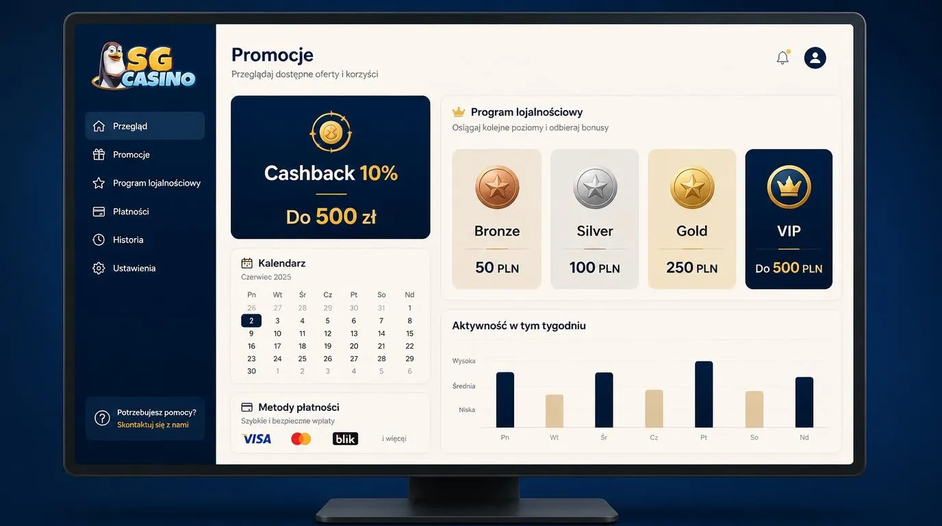 Panel promocji kasyna z cashbackiem 10%, kalendarzem poniedziałkowych wypłat i czterema poziomami nagród