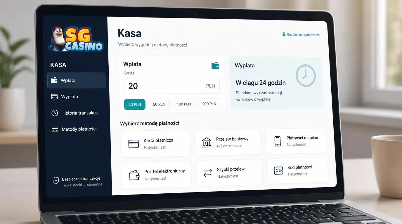 Panel płatności kasyna z wpłatą 20 PLN, terminem wypłaty do 24 godzin i wyborem metod płatności