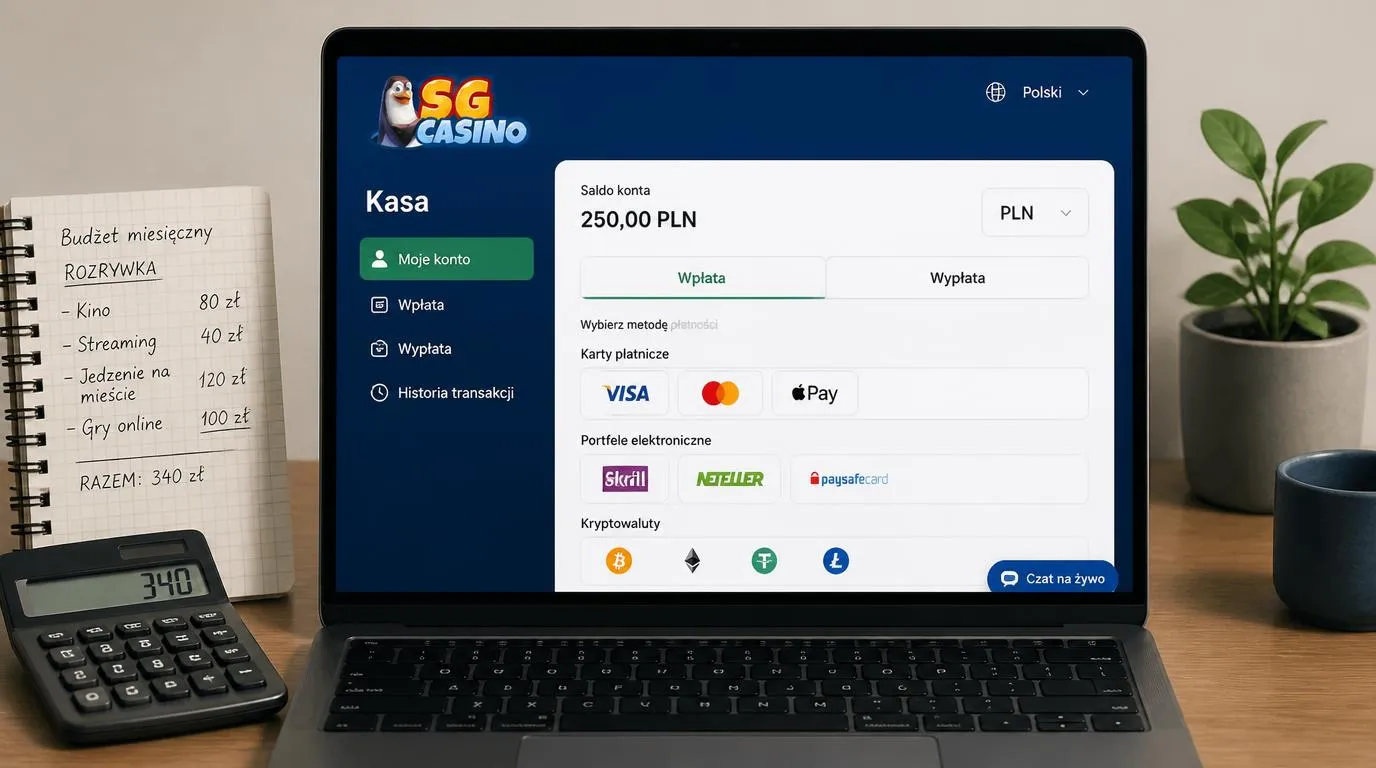 Panel kasy w języku polskim z saldem w PLN, wyborem metod płatności i przyciskiem czatu